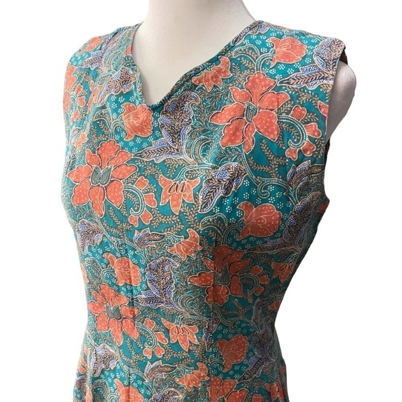 Vintage 70s Talon Blue Sleeveless V Neck Back Zip Slit Floral Dress small 4 - Picture 3 of 16